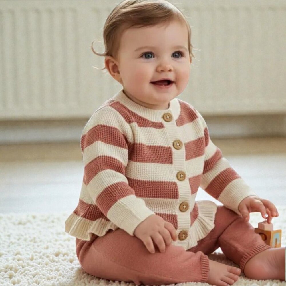 2pc Carter's Striped Cardigan & Dusty Rose Pants Knit Set size 6 Months